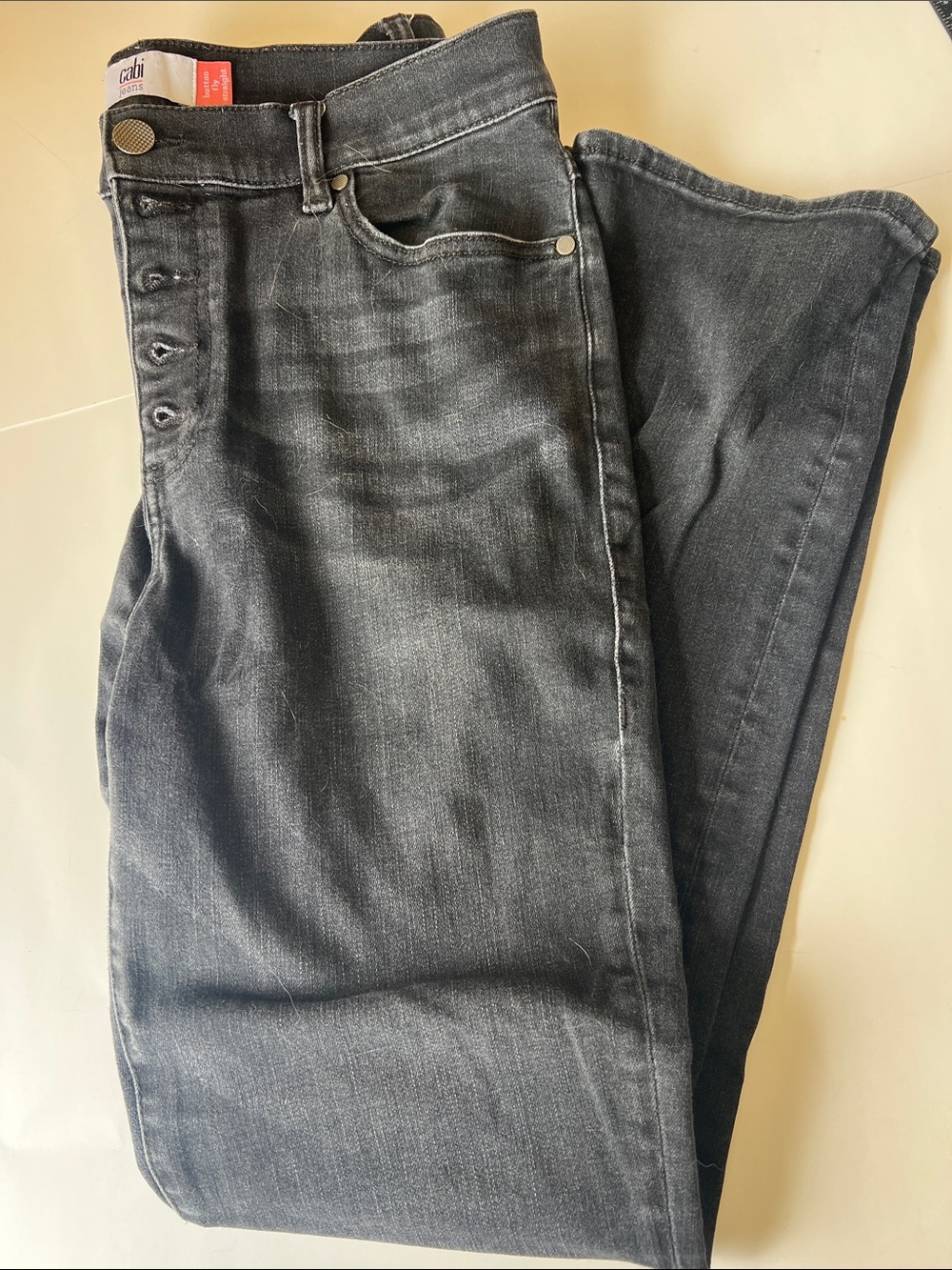 CAbi Black Button-Fly Straight Jeans with Red Tag
